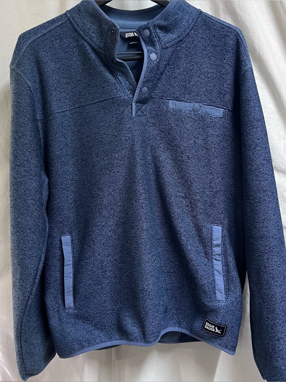 Eddie Bauer Sweater Mens L Fleece Lined 1/4 Snap Pullover Jacket Blue Pocket